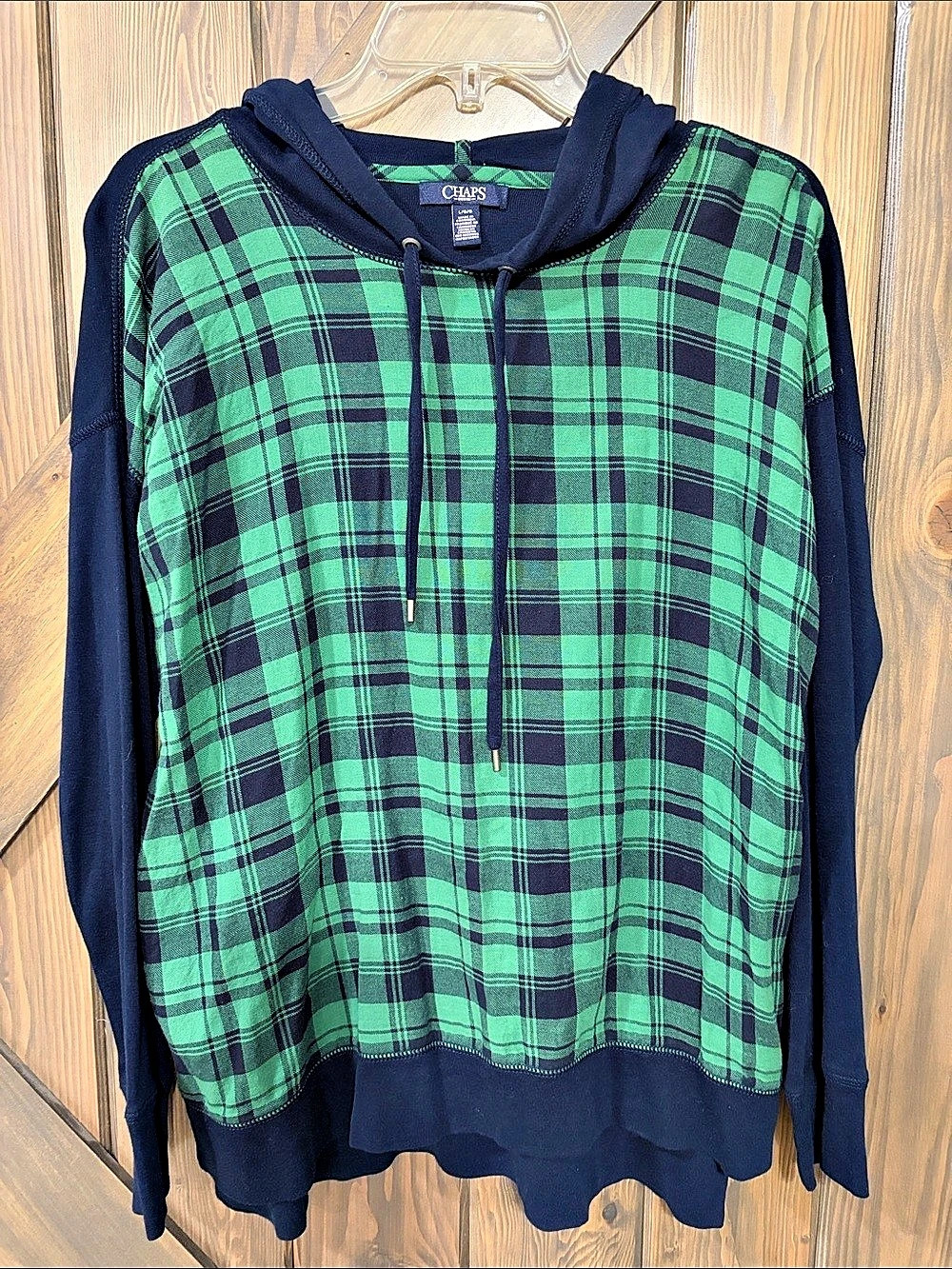 Chaps Plaid Cowl Neck Hoodie in Green & Blue Plaid Size Large